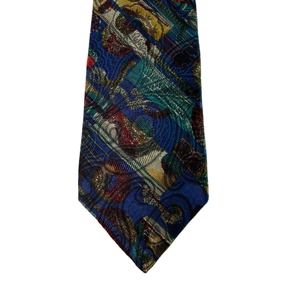 GEOFFREY BEENE Men's Silk Tie Blue Green Red Cream Paisley Abstract 58" x 3.75"